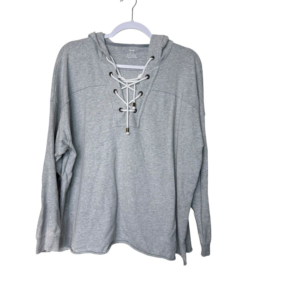 Aerie Lace Up Hoodie Sweatshirt Raw Hem Women XS Gray Oversized Comfy‎ Casual